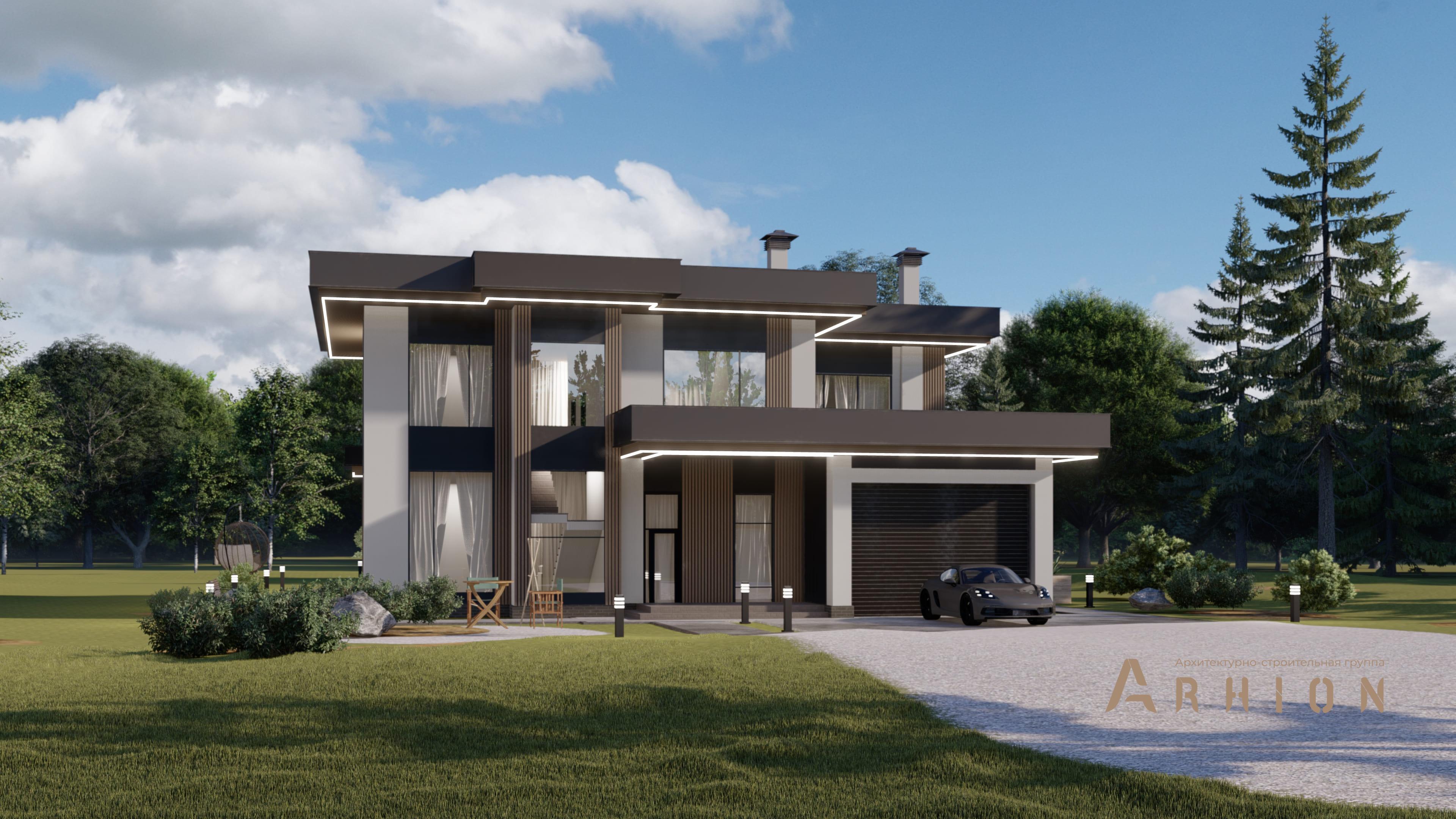 7. Проект двухэтажного дома в стиле хай-тек с плоской кровлей , H-079, площадью - 325 кв c терассой, балконом, гаражом